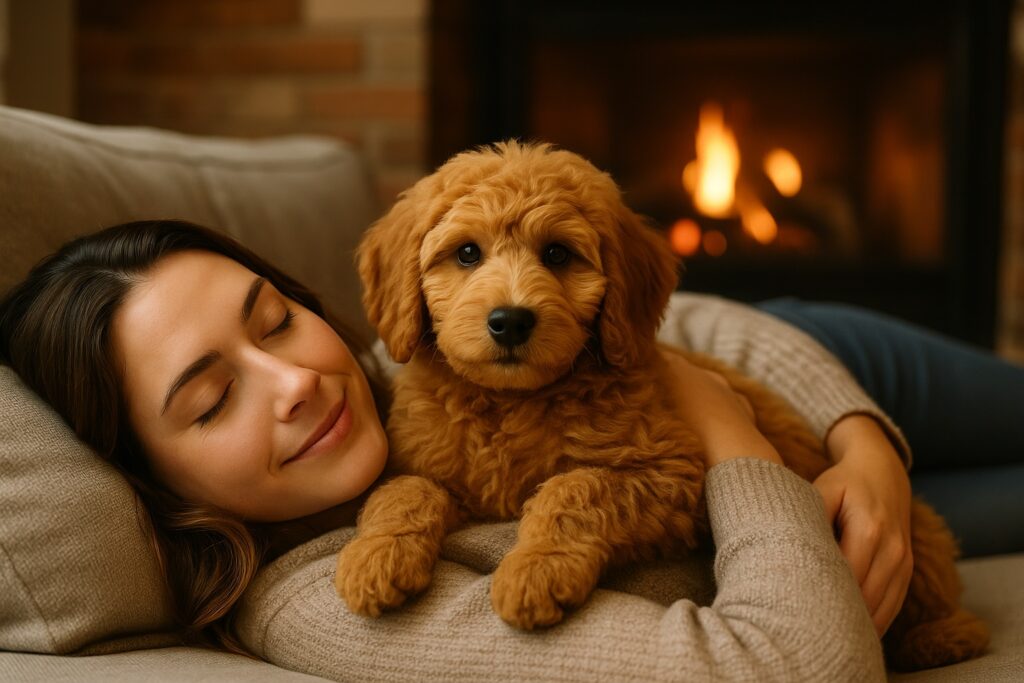 Woman lying on a couch cuddling a Goldendoodle puppy by the fireplace